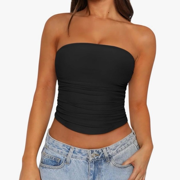 REORIA Women’s Sheer Black Tube Double Lined Y2K Crop Top Strapless - Size Med - Picture 2 of 11